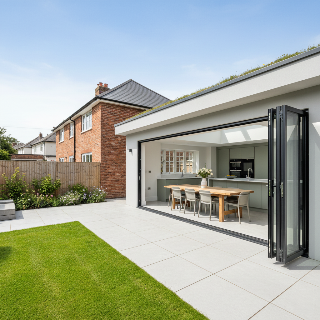 Single-storey residential extension with glazed doors and open-plan kitchen